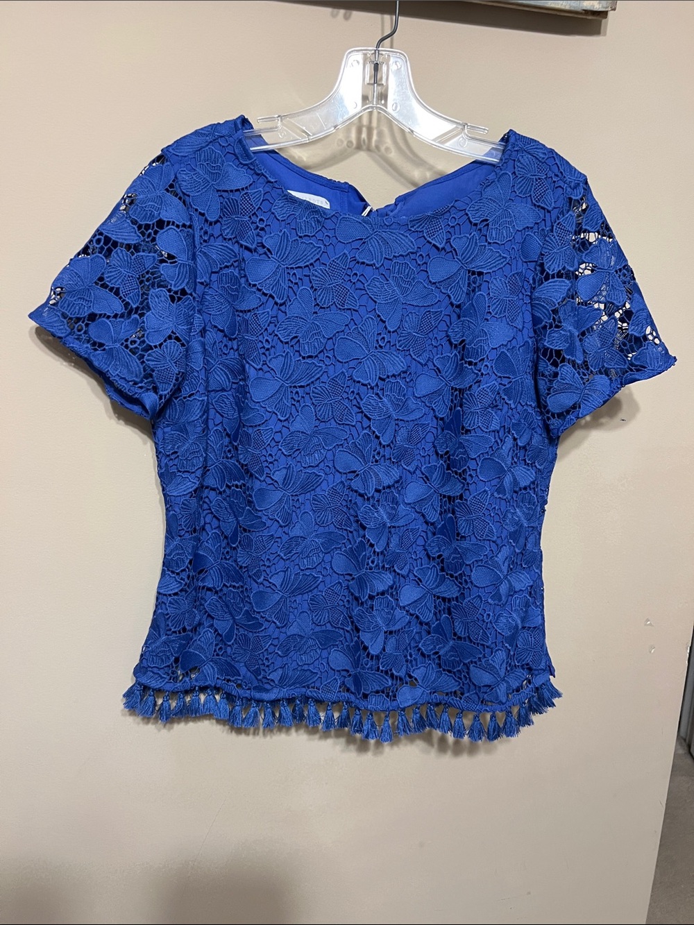 Talbots Cobalt Blue Floral Lace Short Sleeve Top with Tassel Trim